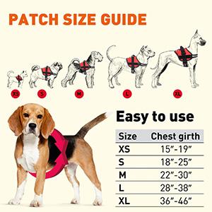 size chart for Dogline harnesses and 
patches