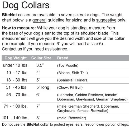 size chart for BiteNot Collars