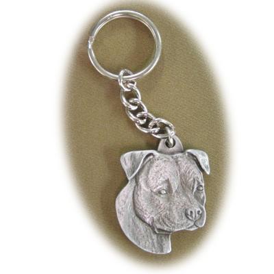 Pewter Key Chain American Staffordshire with Natural Ears Click for larger image