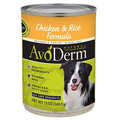 AvoDerm Chicken & Rice Dog Food 13oz case Click for larger image