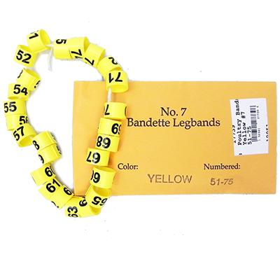 Poultry Numbered Leg Bands Yellow Size 7 Numbered 51-75 Click for larger image