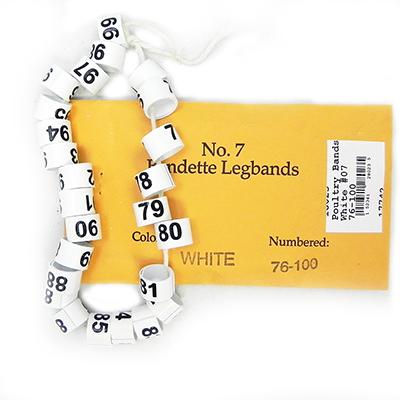Poultry Numbered Leg Bands White Size 7 Numbered 76-100 Click for larger image Poultry Numbered Leg Bands White Size 7 Numbered 76-100 Click for larger image