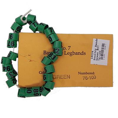 Poultry Numbered Leg Bands Green Size 7 Numbered 76-100 Click for larger image