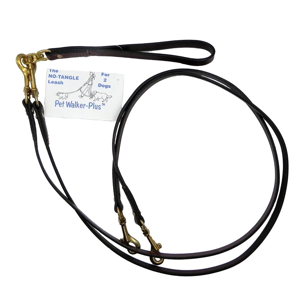 Pet Walker-Plus Brown Leather 2-Dog Leash Small