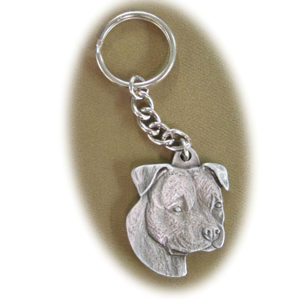 Pewter Key Chain American Staffordshire with Natural Ears