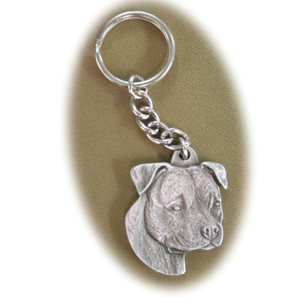 Pewter Key Chain American Staffordshire with Natural Ears