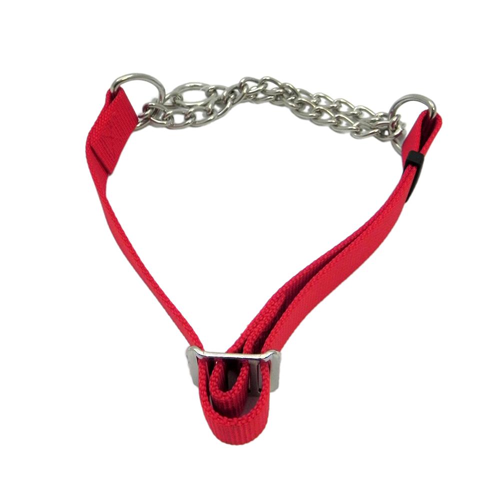 Check Choke 10-14 Red Flat Nylon and Chain Dog Collar