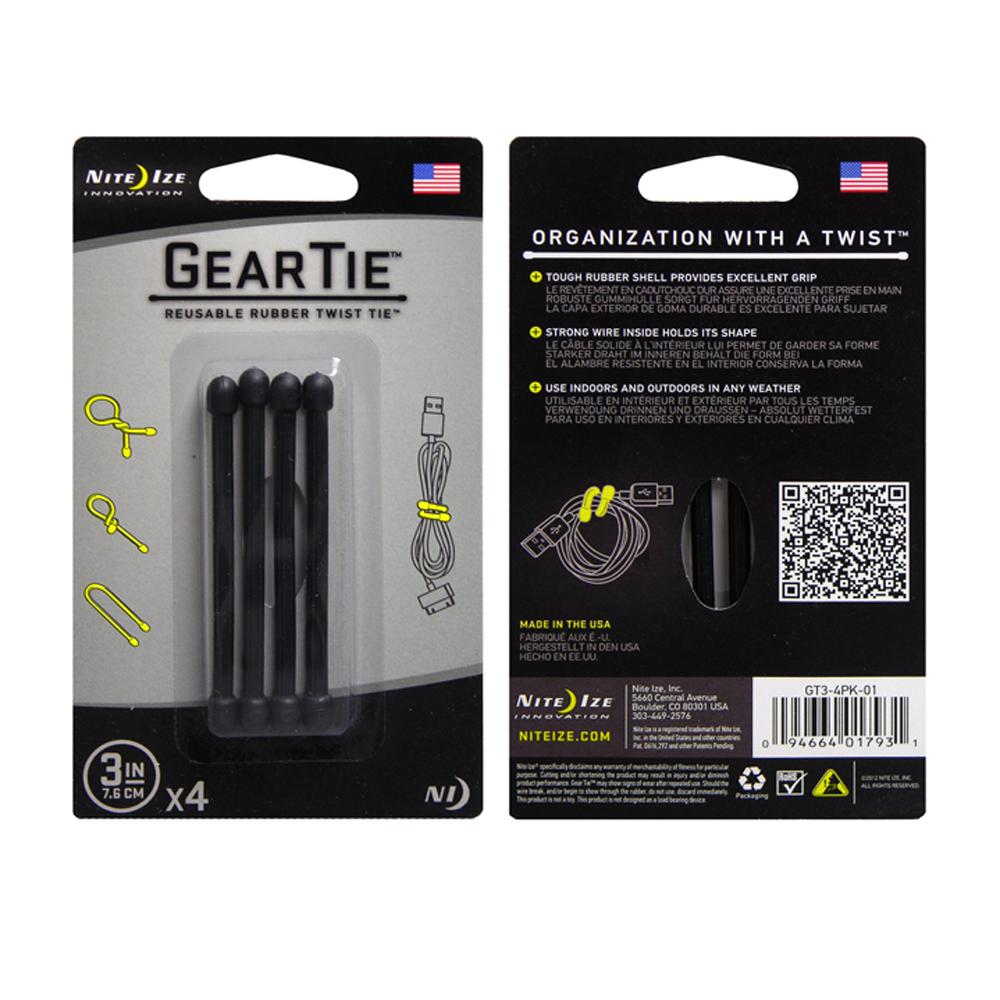 Gear Tie 3 inch Black Reusable Rubber Twist Tie 4pk