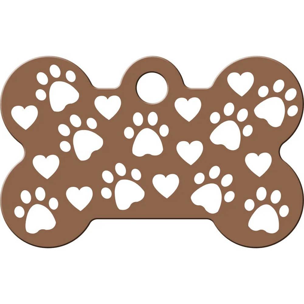 Engraved ID Tag Large Bone Copper with Paws and Hearts