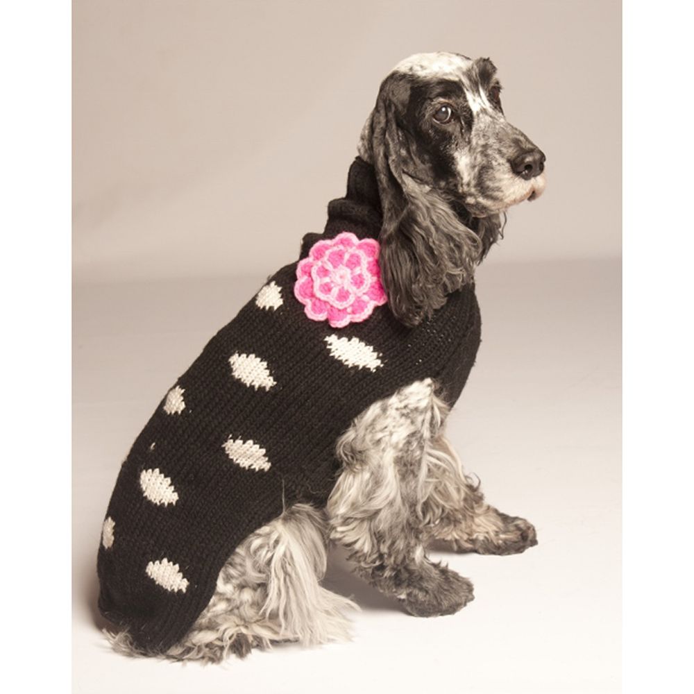 Handmade Dog Sweater Black Flower Polka Dot Large