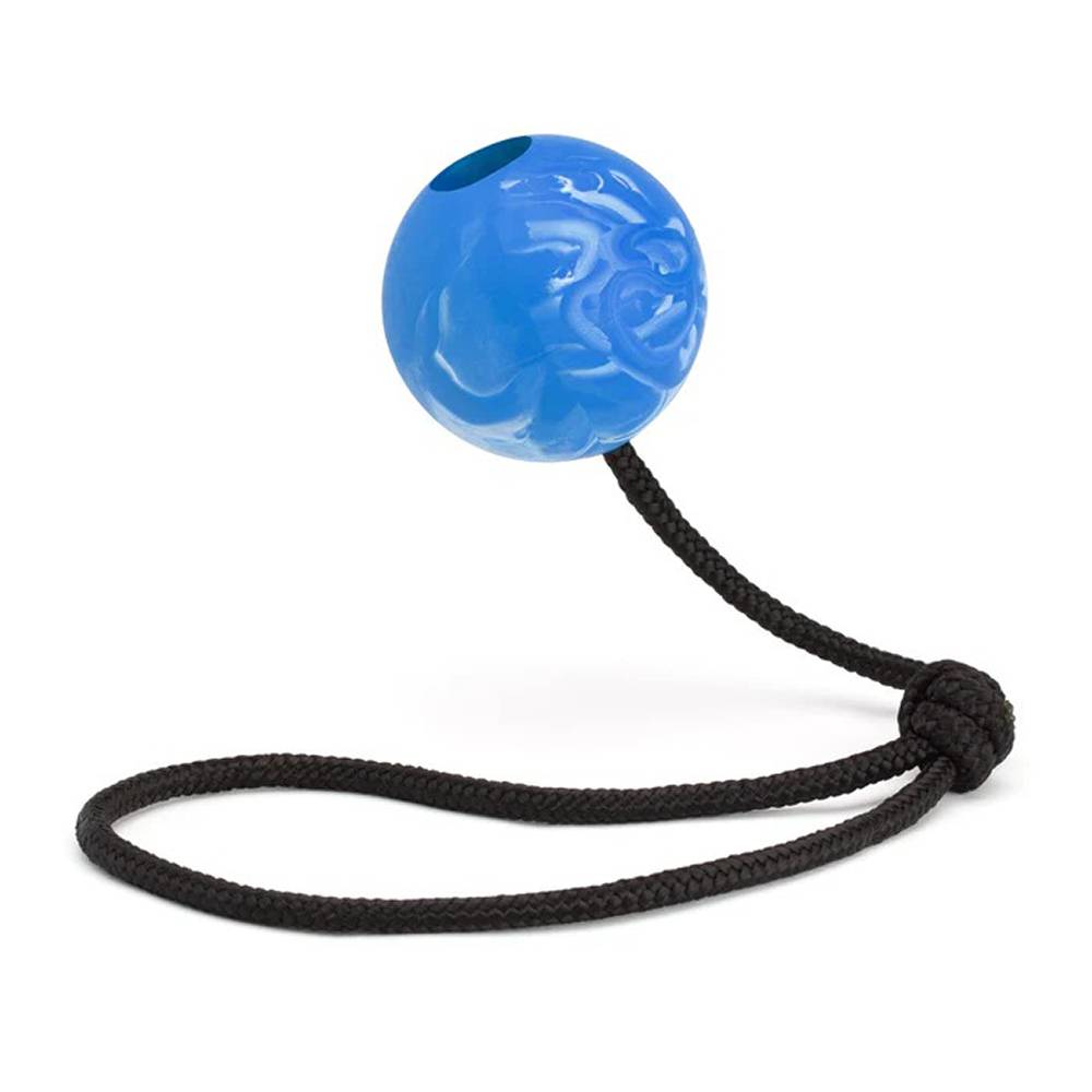 Rubber Euro Ball Blue with Rope 2.75 in for Dogs